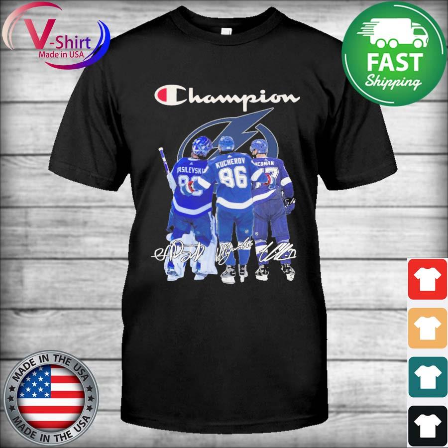 Champion Andrei Vasilevskiy and Nikita Kucherov and Victor Hedman