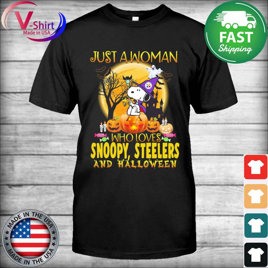 Just a woman who loves Halloween and Pittsburgh Steelers the Peanuts  Halloween shirt, hoodie, sweater, long sleeve and tank top