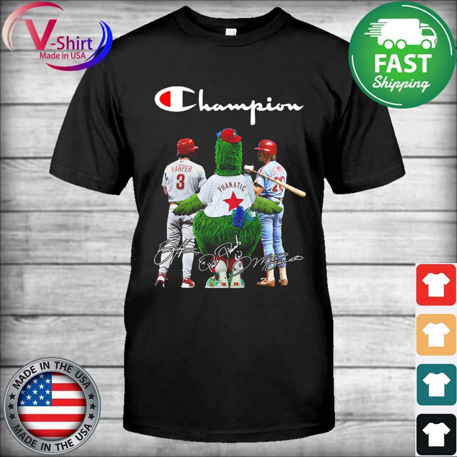 Champions Bryce Harper Phillie Phanatic and Mike Schmidt