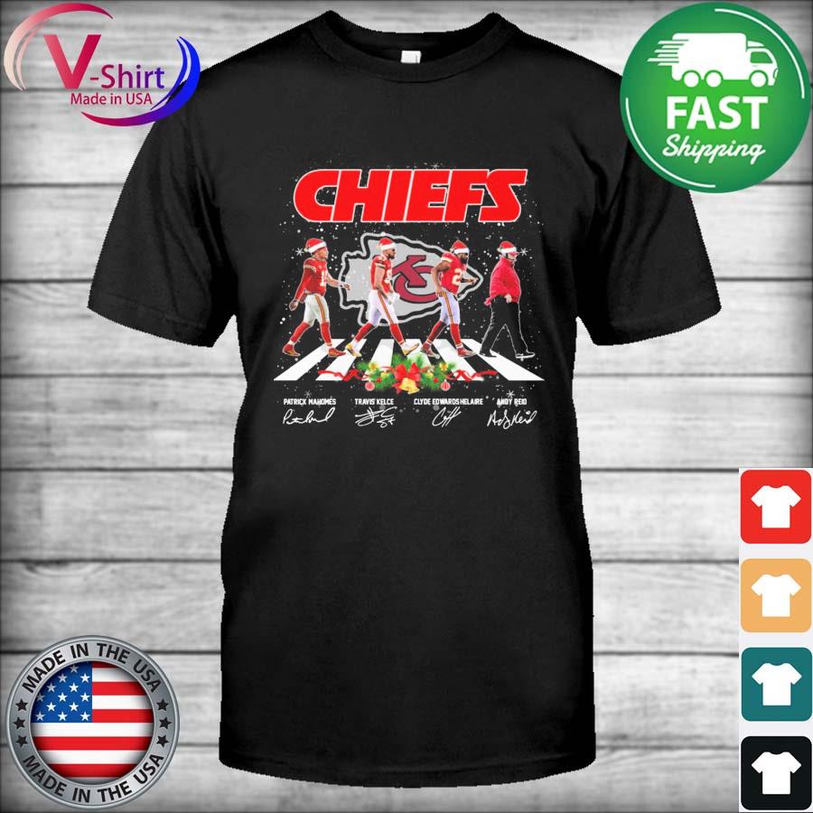 The Chiefs Patrick Mahomes Travis Kelce Clyde Edwards Helaire Andy Reid  abbey road signatures Merry Christmas shirt, hoodie, sweater, long sleeve  and tank top