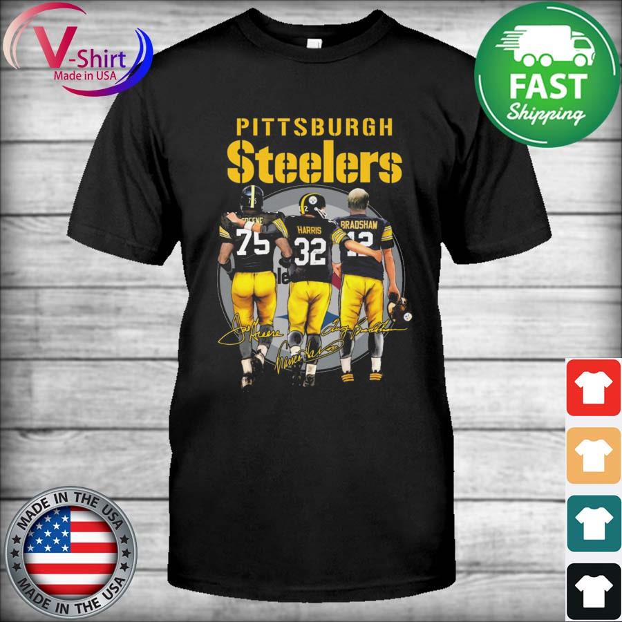 Pittsburgh Steelers Franco Harris Joe Greene And Terry Bradshaw Signatures  T-Shirt - Rosita Deal