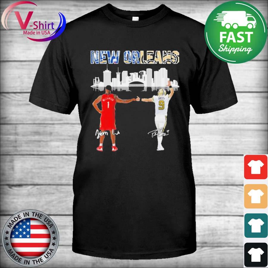 Zion Williamson and Drew Brees New Orleans city skyline signatures shirt,  hoodie, sweater, long sleeve and tank top