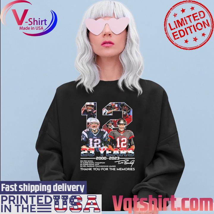 12 tom brady 2000 2023 thank you for the memories signatures shirt, hoodie,  sweater, long sleeve and tank top