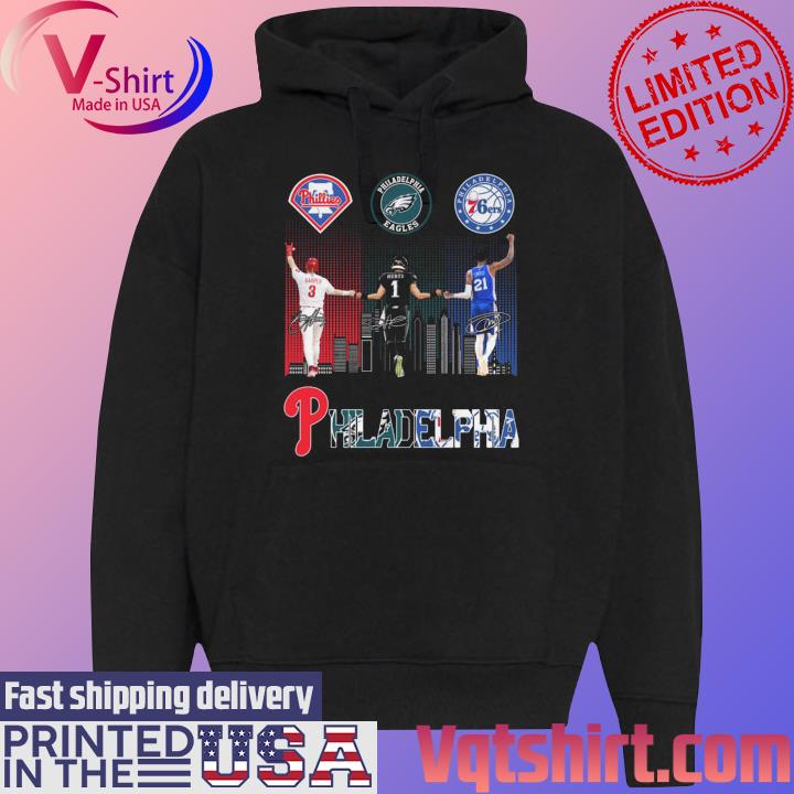 Official Philadelphia sports skyline joel embiid jalen hurts and bryce  harper signatures T-shirt, hoodie, tank top, sweater and long sleeve t-shirt