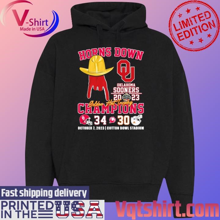 Oklahoma Sooners 2023 Horns Down Golden Hat Trophy Champions 34-30 shirt Black Hoodie