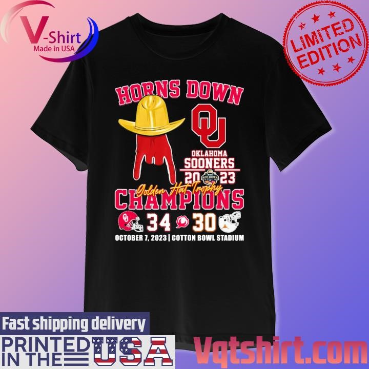 Oklahoma Sooners 2023 Horns Down Golden Hat Trophy Champions 34-30 shirt