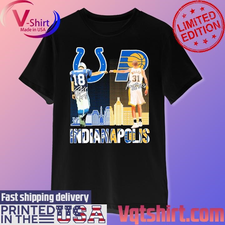 Peyton Manning and Reggie Miller Indianapolis skyline signatures shirt