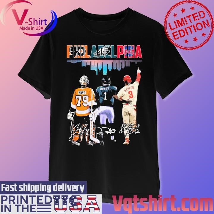 Philadelphia Sport Skyline Carter Hart Jalen Hurts and Bryce Harper signatures shirt