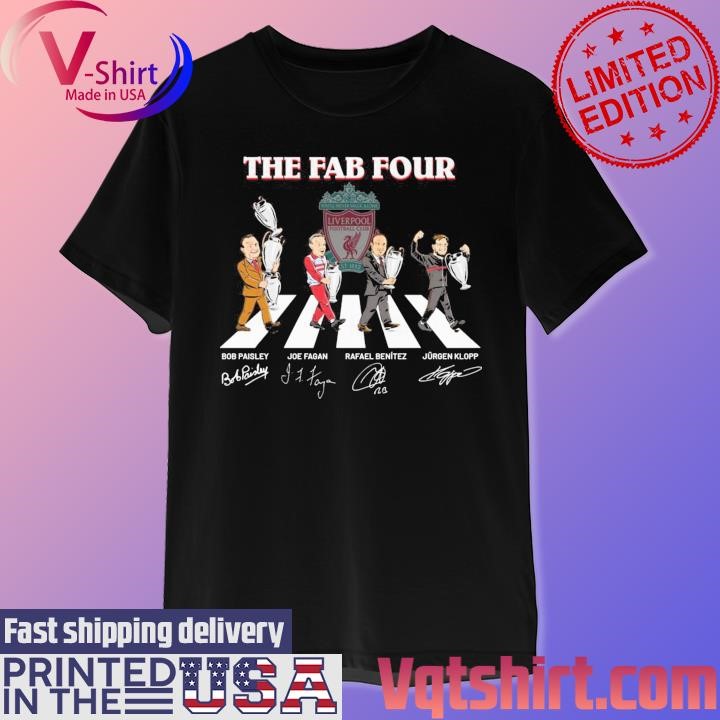 The Fab Four Bob Paisley Joe Fagan Rafael Benitez Jurgen Klopp abbey road signatures shirt