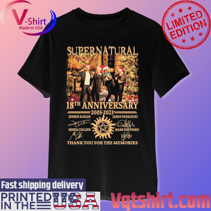 Supernatural 18th Anniversary 2005-2023 Jensen Ackles, Misha Collins, Jared Padalecki And Mark Sheppard Thank You For The Memories Signatures T-Shirt