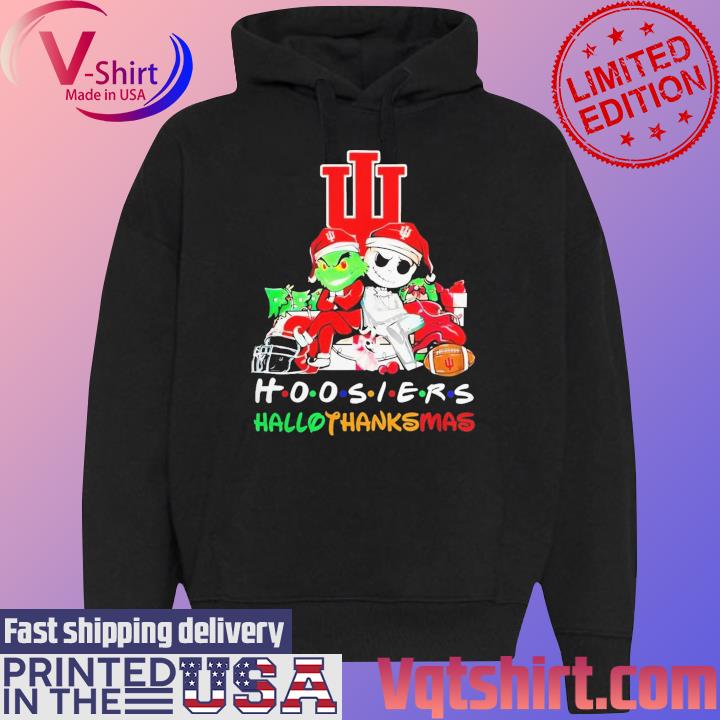 Official Santa Grinch And Jack Skellington Friends Indiana Hoosiers Hallothanksmas s Black Hoodie