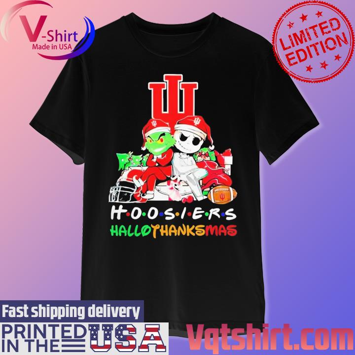 Official Santa Grinch And Jack Skellington Friends Indiana Hoosiers Hallothanksmas shirt