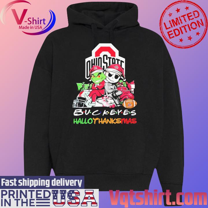 Official Santa Grinch And Jack Skellington Friends Ohio State Buckeyes Hallothanksmas s Black Hoodie