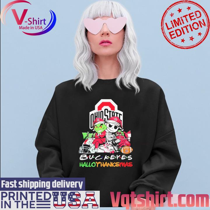 Official Santa Grinch And Jack Skellington Friends Ohio State Buckeyes Hallothanksmas s Sweater