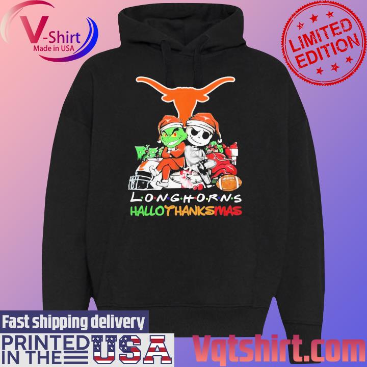 Official Santa Grinch And Jack Skellington Friends Texas Longhorns Hallothanksmas s Black Hoodie