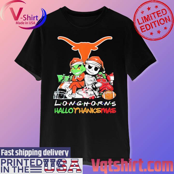 Official Santa Grinch And Jack Skellington Friends Texas Longhorns Hallothanksmas shirt