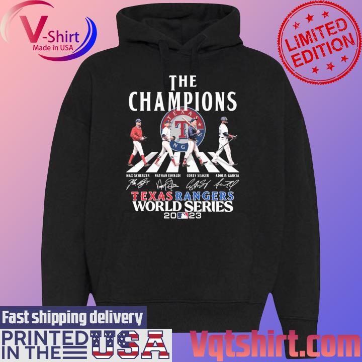 Official The Champions Abbey Road Texas Rangers World Series 2023 signatures s Black Hoodie