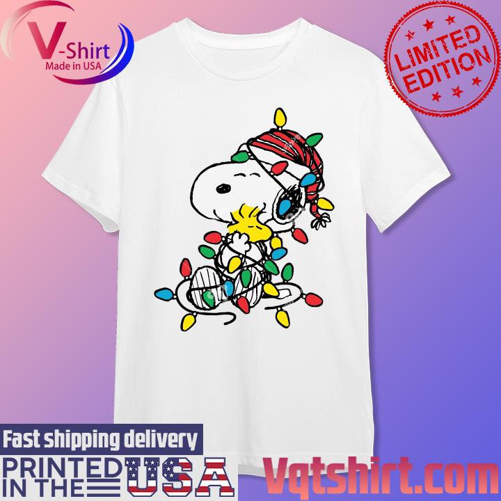 Santa Snoopy And Woodstock Lights Merry Christmas Shirt