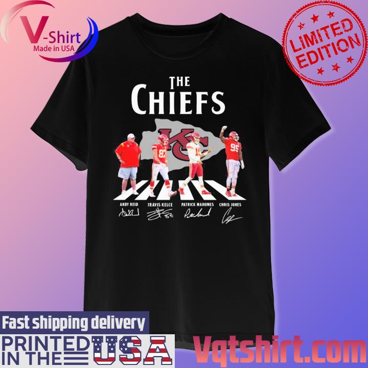 The Chiefs Andy Reid Travis Kelce Patrick Mahomes Chris Jones abbey road signatures shirt