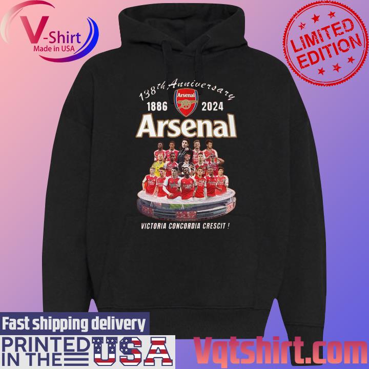 Official 138th Anniversary 1886-2024 Arsenal Victoria Concordia Crescit Signatures T-Shirt Black Hoodie