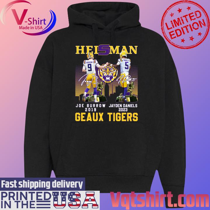 Official Geaux Tigers Heisman Trophy Burrow 2019 And Jayden Daniel 2023 Lsu Tigers Signatures s Black Hoodie