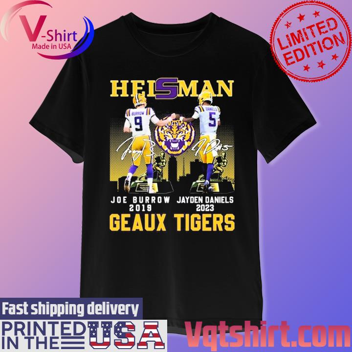 Official LSU Tigers Heisman Joe Burrow 2019 – Jayden Daniels 2023 Geaux Tigers Signatures T-Shirt